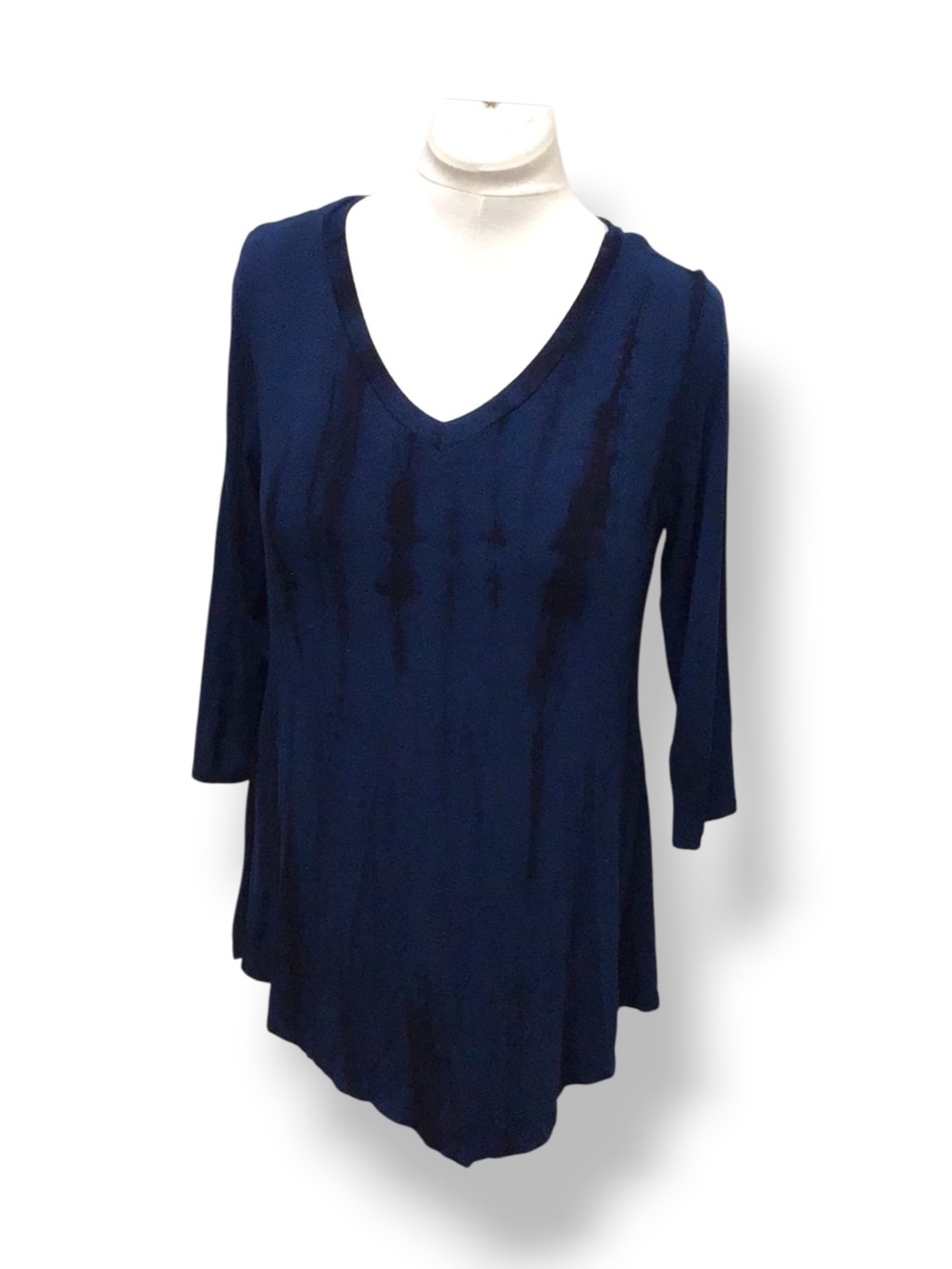 B.L.E.U. Women’s 3/4 Sleeve V Neck Asymmetric Knit Tunic Tie Dye Blue/Black L